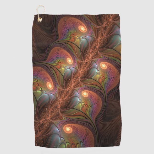 Colourful Fluorescent Abstract Trippy Brown Fracta Golf Towel (Front)