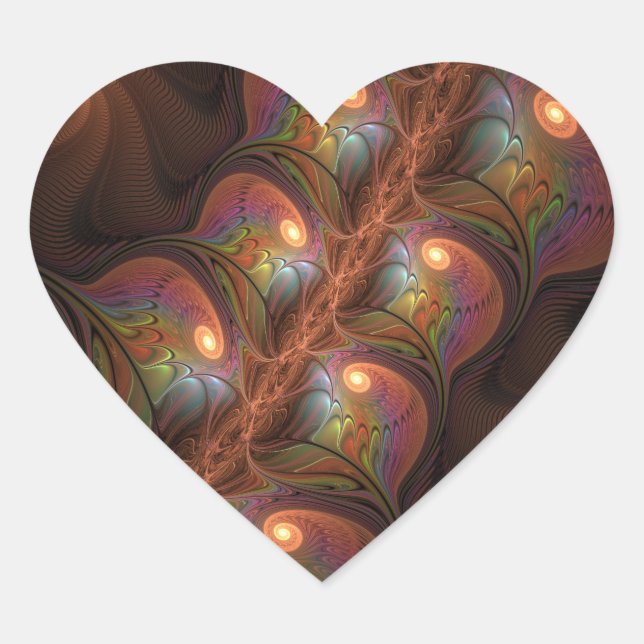 Colourful Fluorescent Abstract Trippy Brown Fracta Heart Sticker (Front)