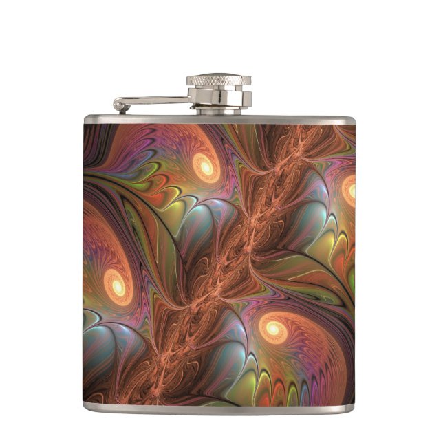 Colourful Fluorescent Abstract Trippy Brown Fracta Hip Flask (Front)