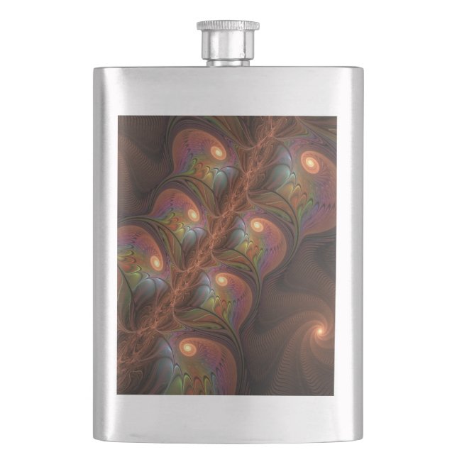 Colourful Fluorescent Abstract Trippy Brown Fracta Hip Flask (Front)