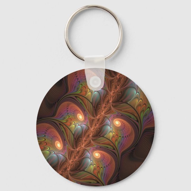 Colourful Fluorescent Abstract Trippy Brown Fracta Key Ring (Front)
