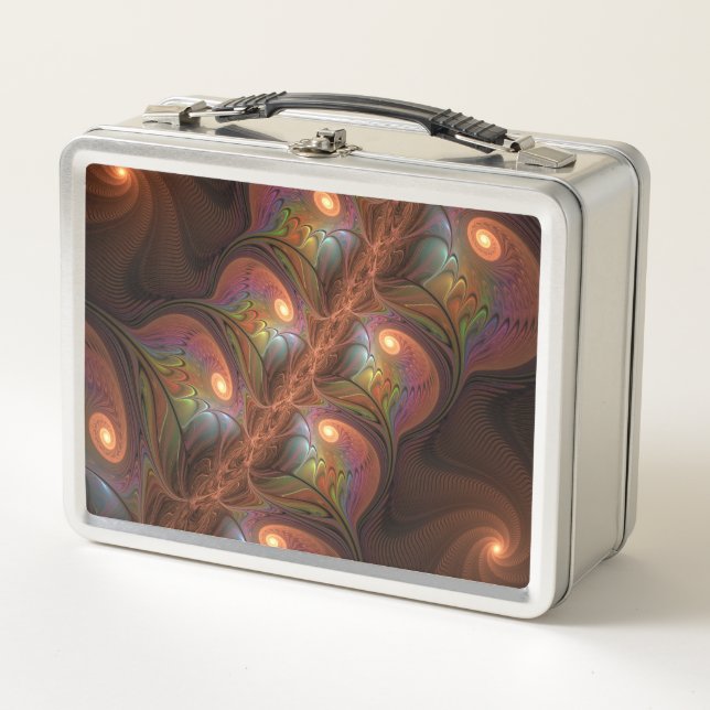 Colourful Fluorescent Abstract Trippy Brown Fracta Metal Lunch Box (Front)