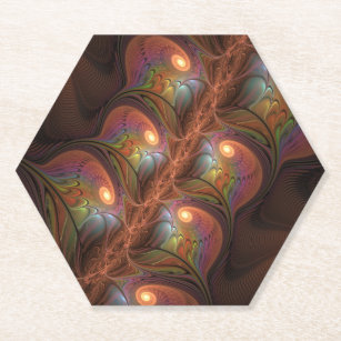 Colourful Fluorescent Abstract Trippy Brown Fracta Paper Coaster