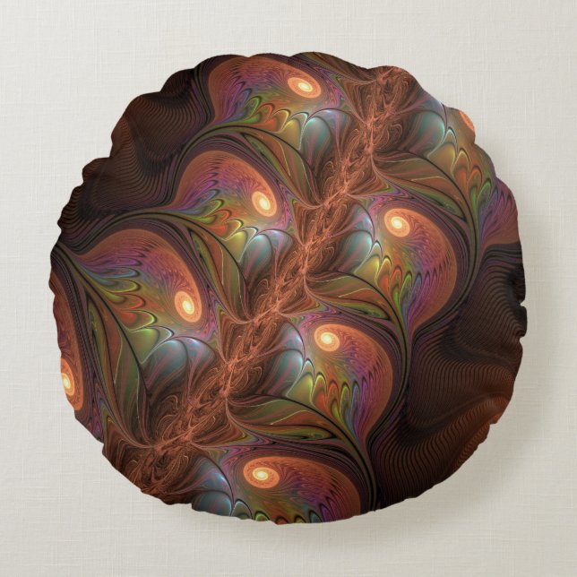 Colourful Fluorescent Abstract Trippy Brown Fracta Round Cushion (Front)