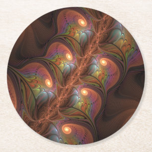 Colourful Fluorescent Abstract Trippy Brown Fracta Round Paper Coaster