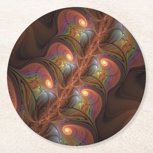 Colourful Fluorescent Abstract Trippy Brown Fracta Round Paper Coaster (Front)
