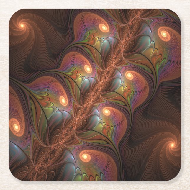 Colourful Fluorescent Abstract Trippy Brown Fracta Square Paper Coaster (Front)