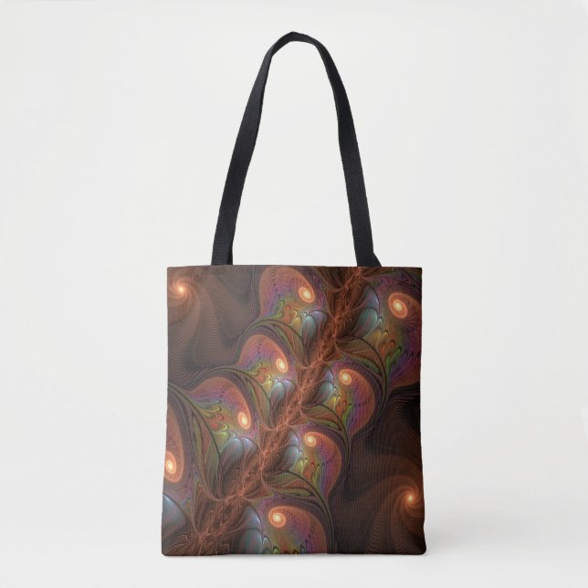 Colourful Fluorescent Abstract Trippy Brown Fracta Tote Bag (Front)