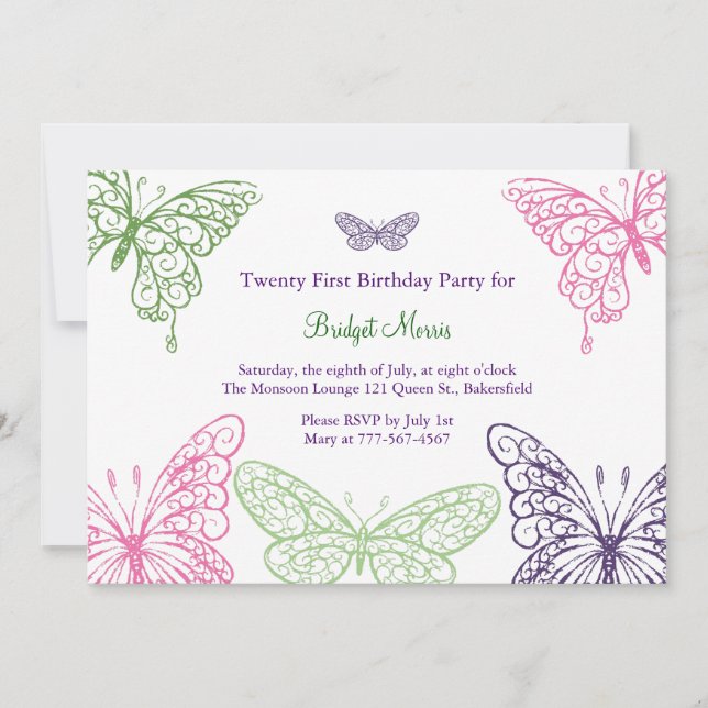 Colourful Fluttering Butterflies 21st Birthday Invitation (Front)