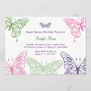 Colourful Fluttering Butterflies Sweet Sixteen Invitation