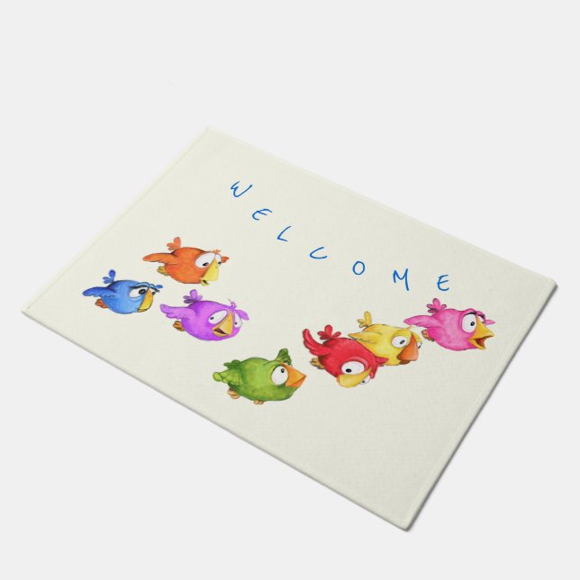 Colourful Flying Birds Doormat Welcome (Angled)