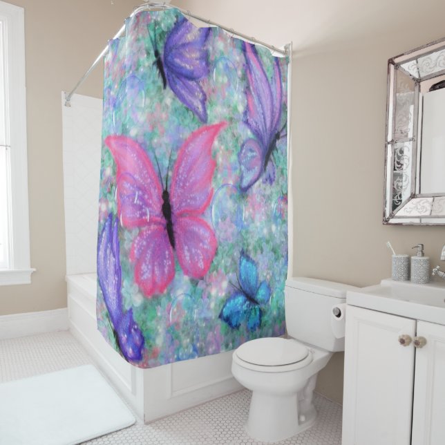 Colourful Flying Butterflies Shower Curtain (In Situ)