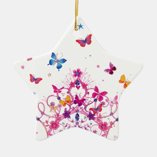 Colourful Flying Butterflies with Crown Art Print Ceramic Tree Decoration (Front)