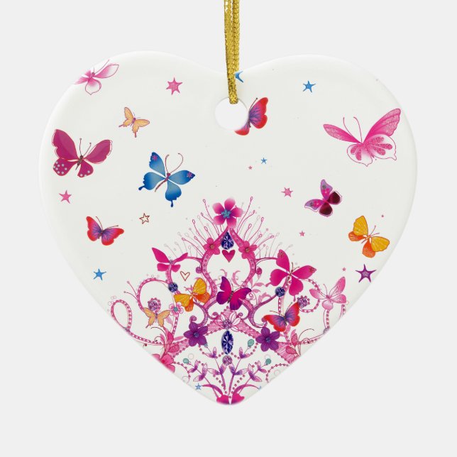 Colourful Flying Butterflies with Crown Art Print Ceramic Tree Decoration (Front)