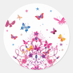 Colourful Flying Butterflies with Crown Art Print Classic Round Sticker