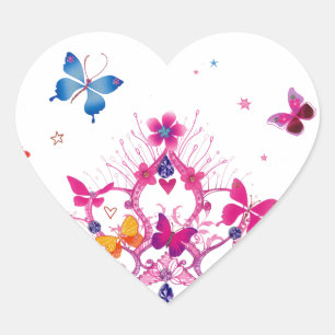 Colourful Flying Butterflies with Crown Art Print Heart Sticker