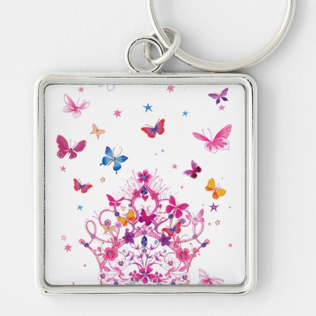 Colourful Flying Butterflies with Crown Art Print Key Ring (Front)