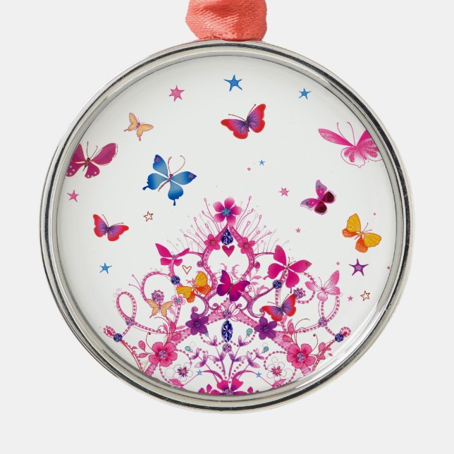 Colourful Flying Butterflies with Crown Art Print Metal Tree Decoration (Front)