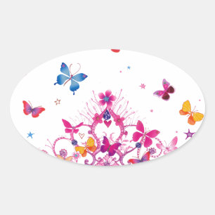 Colourful Flying Butterflies with Crown Art Print Oval Sticker