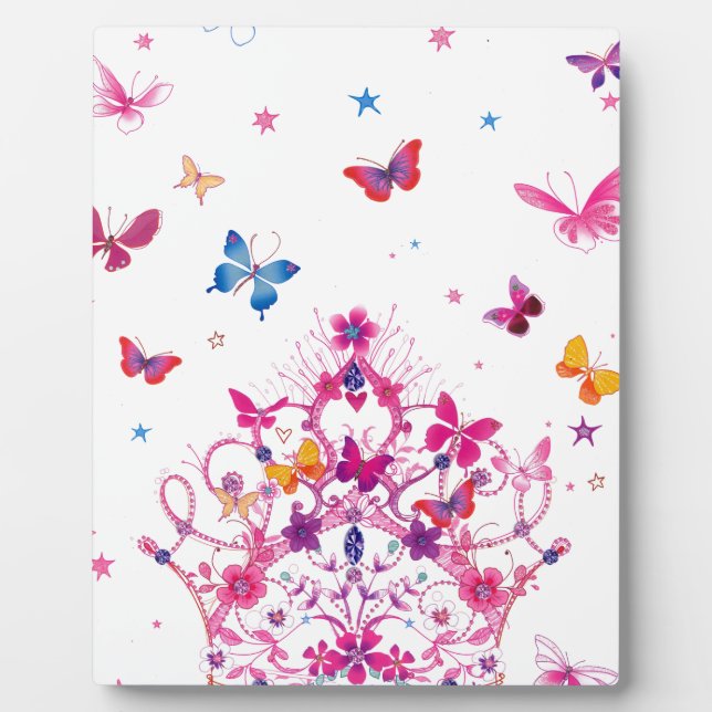 Colourful Flying Butterflies with Crown Art Print/ Plaque (Front)