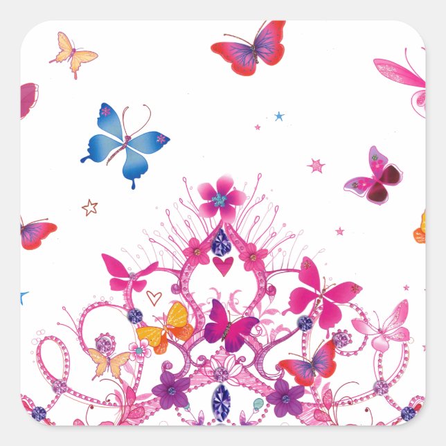 Colourful Flying Butterflies with Crown Art Print Square Sticker (Front)