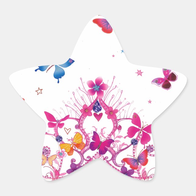 Colourful Flying Butterflies with Crown Art Print Star Sticker (Front)