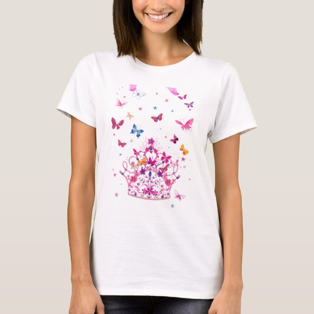 Colourful Flying Butterflies with Crown Art Print T-Shirt (Front)