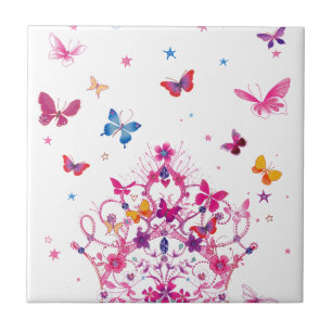 Colourful Flying Butterflies with Crown Art Print Tile