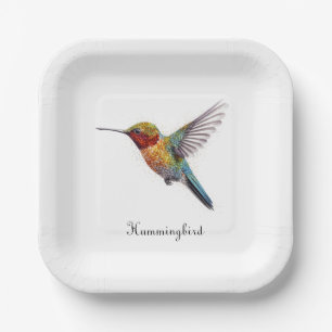 Colourful flying hummingbird pointillism too paper plate