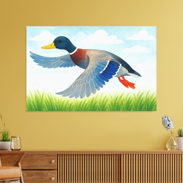 Colourful Flying Mallard Duck Canvas Print (Insitu(LivingRoom))