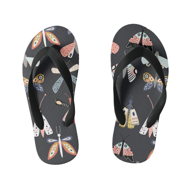 Colourful flying moth butterflies kid's flip flops (Footbed)