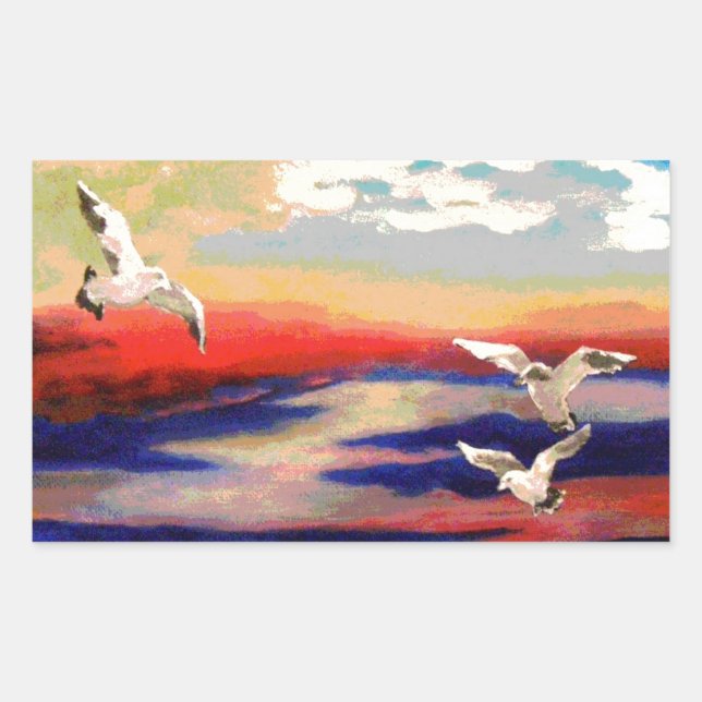 Colourful Flying Seagulls Rectangular Sticker (Front)