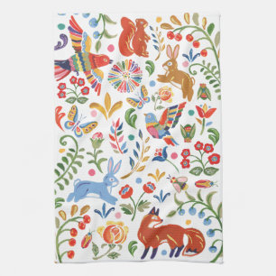 Colourful Folk Animal Woodland Floral Rabbit Fox Tea Towel