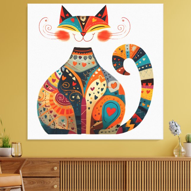 Colourful Folk Art Cat Canvas Print (Insitu(LivingRoom))