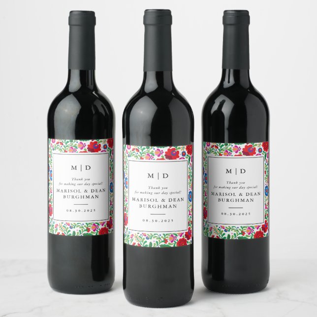 Colourful Folk Art Embroidery Wedding Wine Label (Bottles)