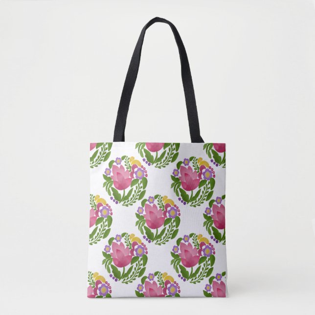 Colourful Folk Art Floral Pattern Canvas Tote Bag  (Front)