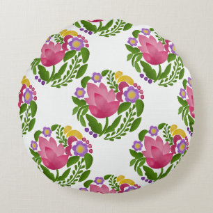 Colourful Folk Art Floral Round Pillow 