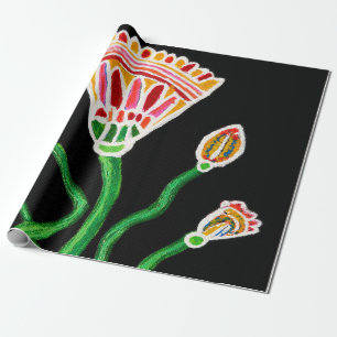 Colourful Folk Art Flowers on Black Wrapping Paper