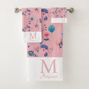 Colourful Folk Art Flowers Pink Monogram Initial Bath Towel Set