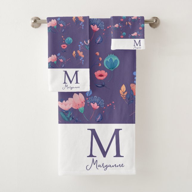 Colourful Folk Art Flowers Purple Monogram Initial Bath Towel Set (Insitu)