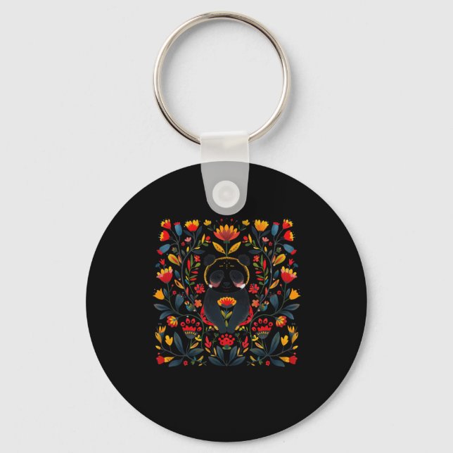 Colourful Folk Art Illustration Featuring A Panda  Key Ring (Front)