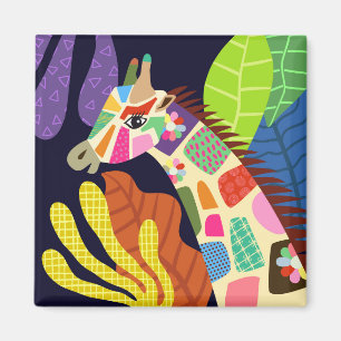 Colourful Folk Art Jungle Giraffe Animal Portrait Magnet
