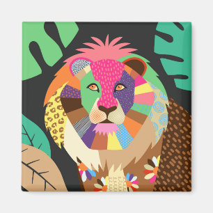 Colourful Folk Art Jungle Lion Animal Portrait Magnet