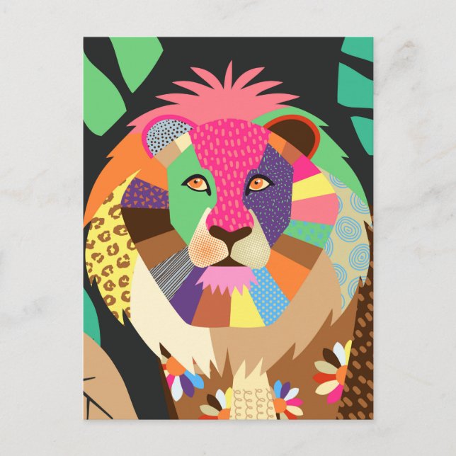 Colourful Folk Art Jungle Lion Animal Portrait Postcard (Front)