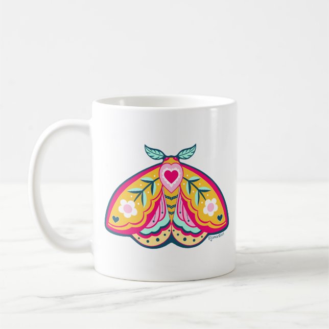 Colourful folk art moth design coffee mug (Left)