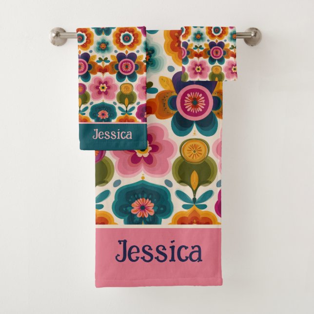 Colourful Folk Art Retro 70s Floral Pattern Name Bath Towel Set (Insitu)
