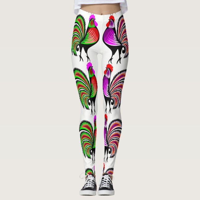 Colourful Folk Art Roosters Leggings (Front)
