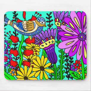 Colourful Folk Art Style Bird and Flowers Mouse Mat