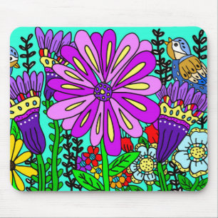 Colourful Folk Art Style Birds and Flowers   Mouse Mat