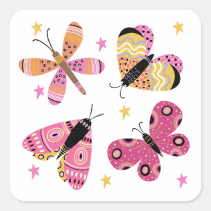 Colourful Folk Art Style Butterflies Square Sticker